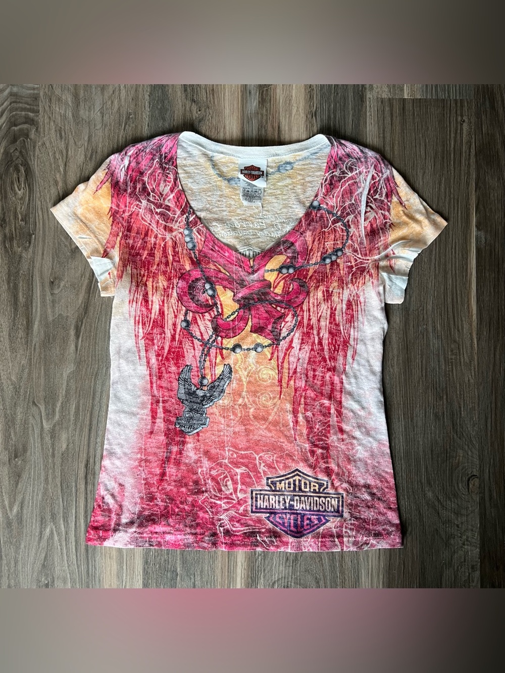Harley-Davidson Women's Red and Cream Graphic V-Neck Tee
